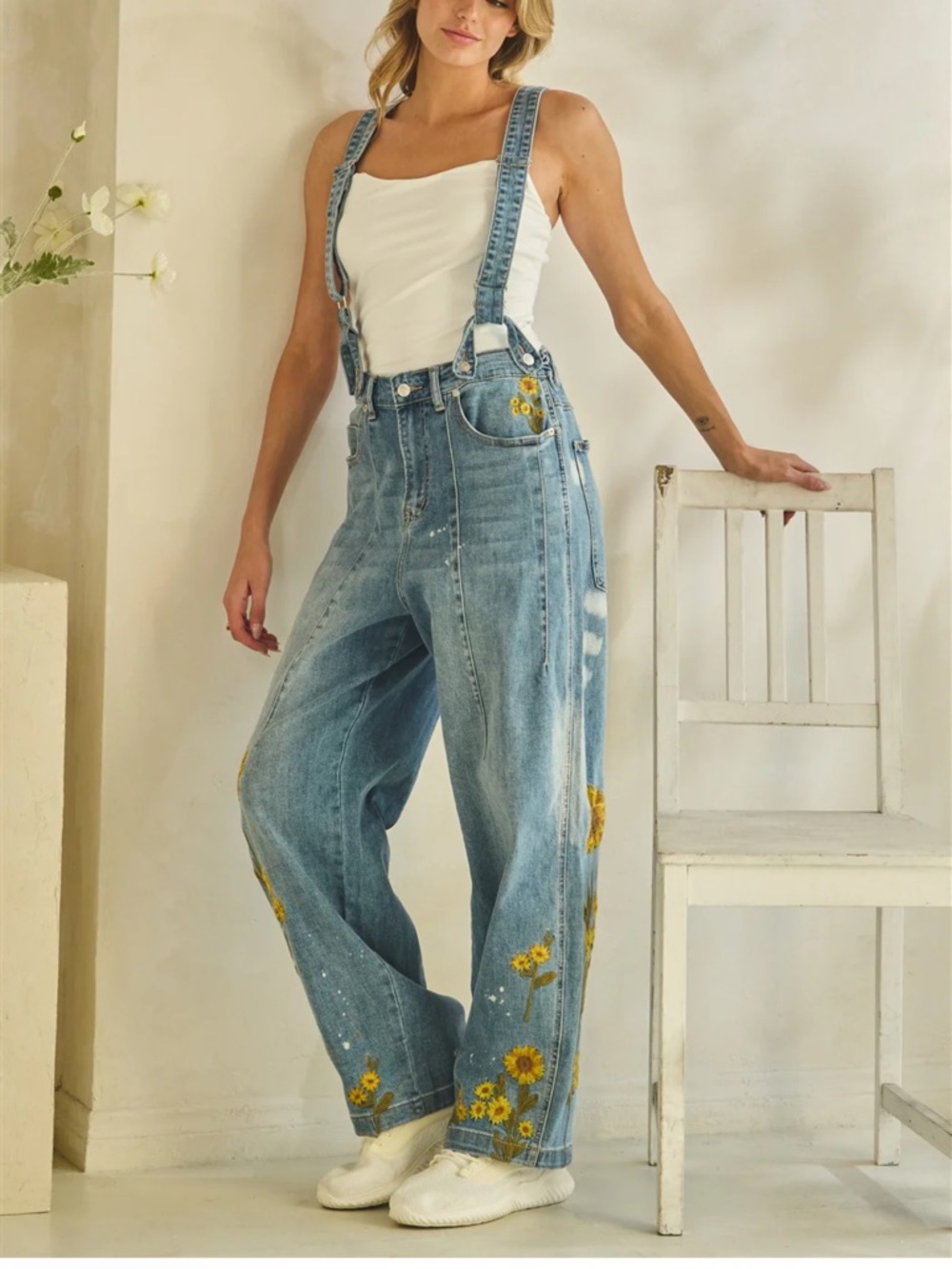 💕LAST ONE! Oli & Hali Blue Denim Overalls with Sunflower Embroidery - Picture 3 of 12